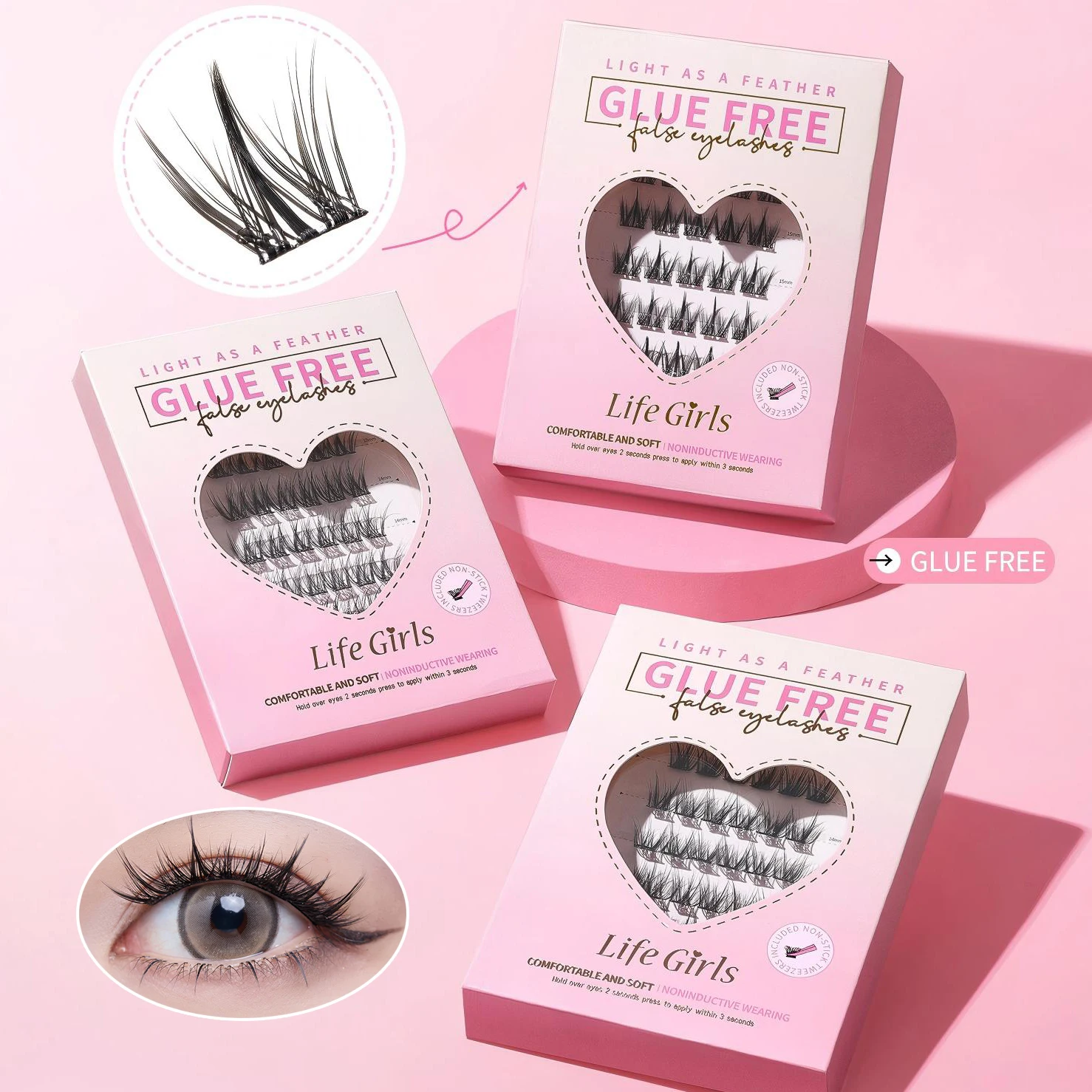 Life Girls Klebstofffreie falsche Wimpern, kein Kleber erforderlich, leichte, natürliche Locken, dicke Comic-Augen, einzelne Cluster-gepfropfte Wimpern