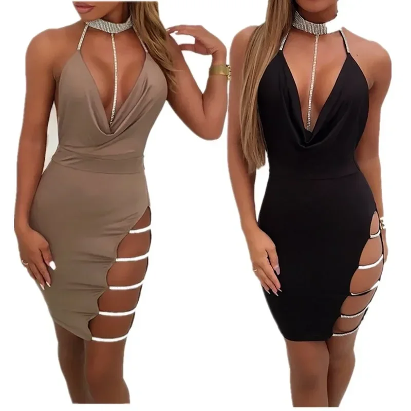 

2024 Europe and the United States sexy suspender wrap hip skirt side slit hot drill low cut hanging neck tight club dress