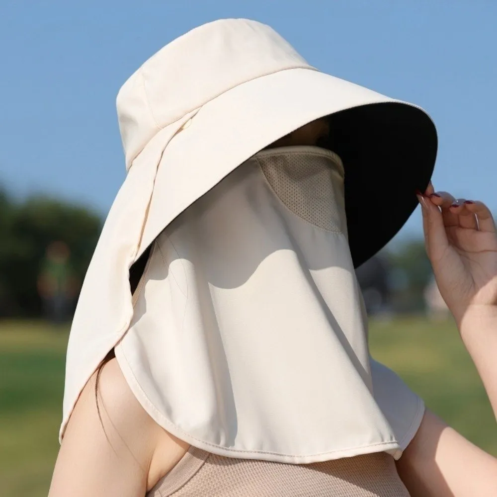 

Simple Wide Brim Sunscreen Fisherman Hat Lightweight Full Face Cover Sunshade Sun Hat Neck Guard Mask Picking Tea Hat Hiking
