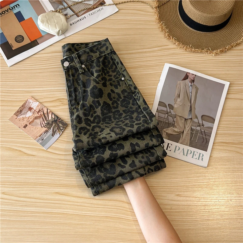 Casual Loose Womens Jeans Retro American Style Leopard Print Design Straight Leg Pants Workwear Fashion Winter Women's Pants