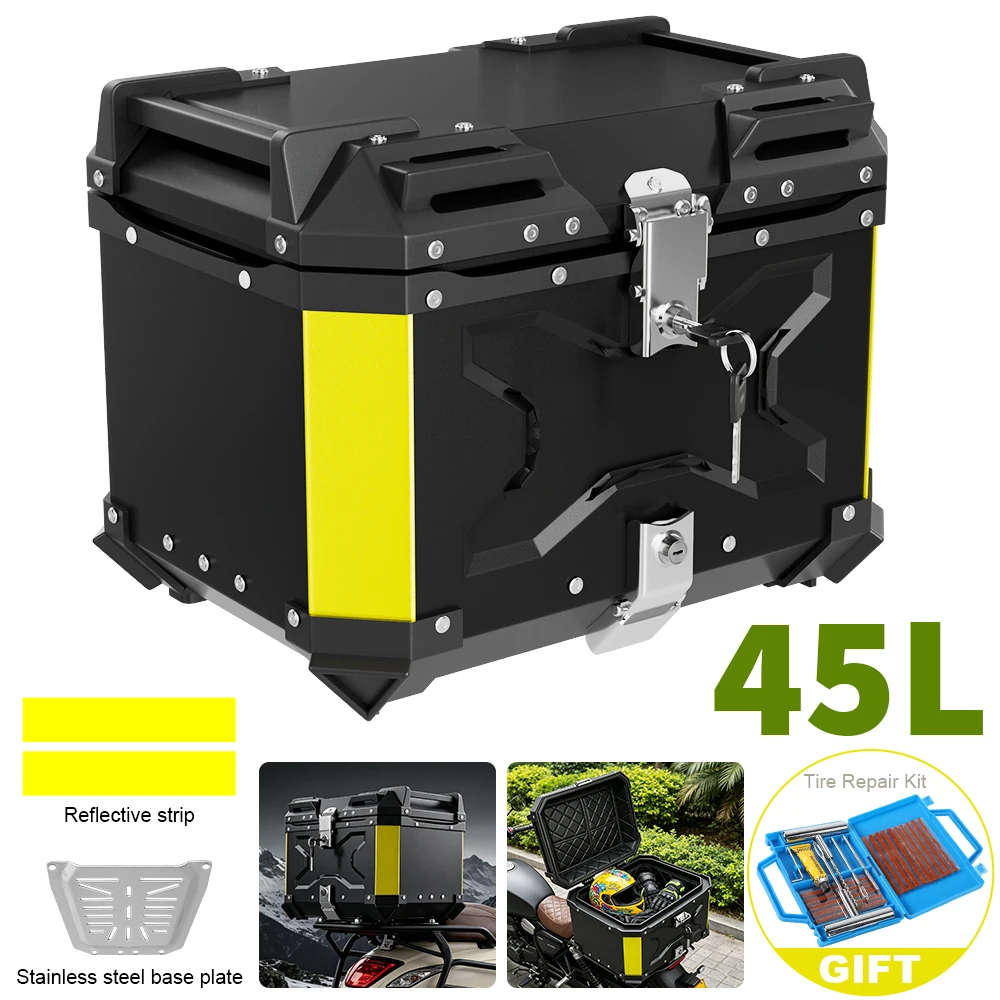 Bauletto posteriore impermeabile da 45L per moto, valigia da bagaglio in alluminio, bauletto superiore per moto, portacasco con rivestimento in pelle, cassetta degli attrezzi a sgancio rapido