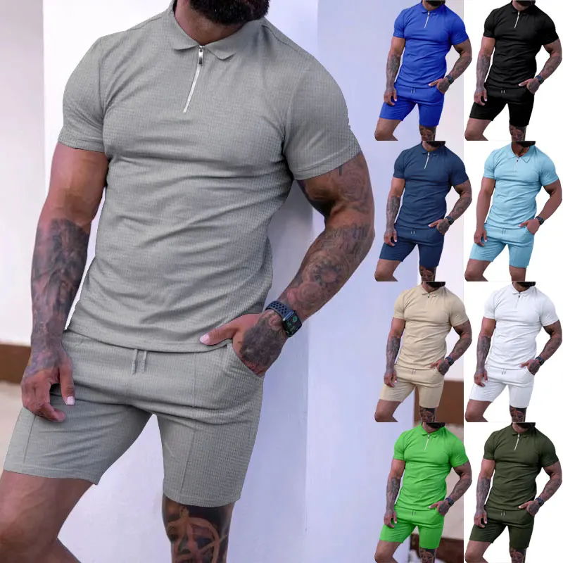 

Europe And The United States Men's Casual Set Summer New Waffle Fabric Solid Color Loose Lapel Zipper T-shirt And Shorts Two Set