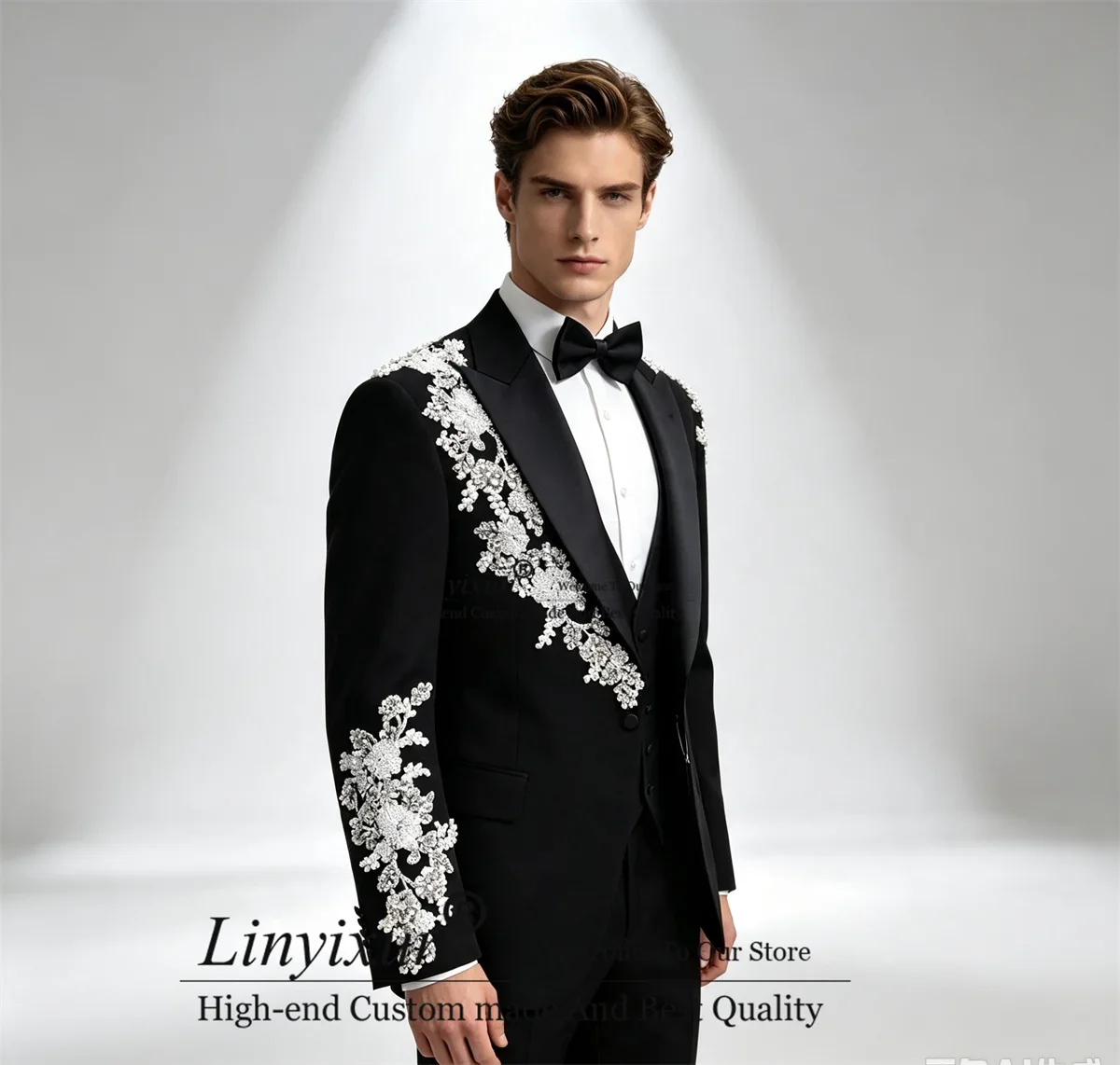 Sparkly Appliques Diamond Tuxedos Men Suits 3 Pieces Sets Groom Male Blazers Customized Peaked Lapel Wedding Party ropa hombre