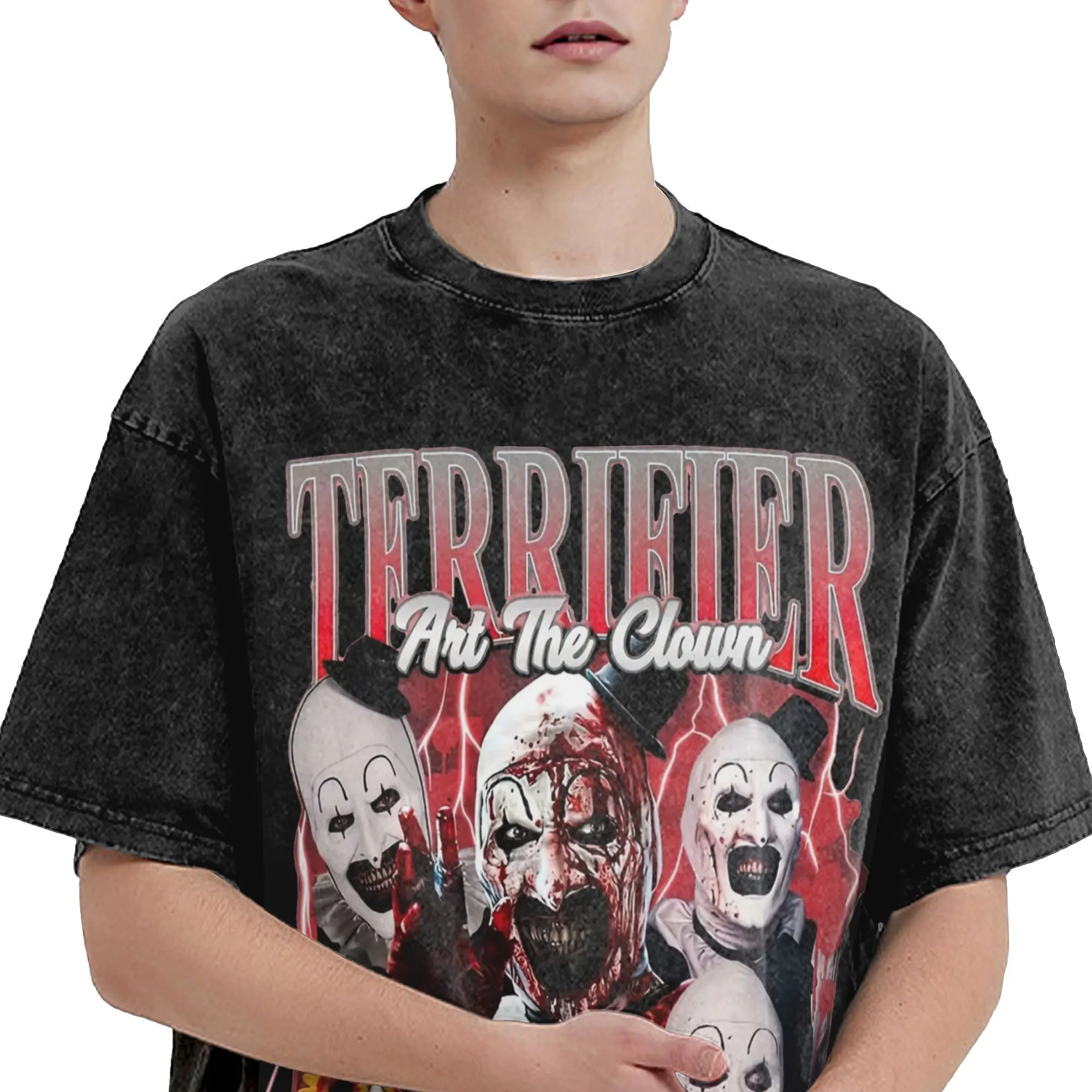 Washed T Shirts Terrifier Art The Clown Hip Hop Novelty T-Shirt High Street Streetwear Graphic Printed Tops Tee Shirt Men Women