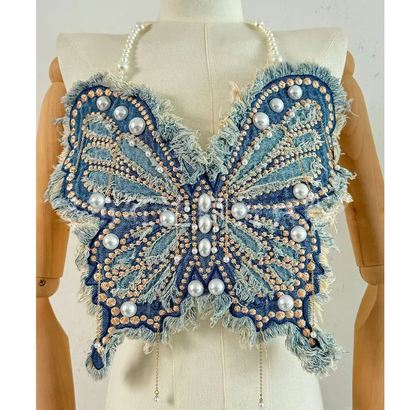 

Music Festival Crop Top Night Out Clothing Y2K Ladies Backless Pearl Studded Denim Butterfly Top