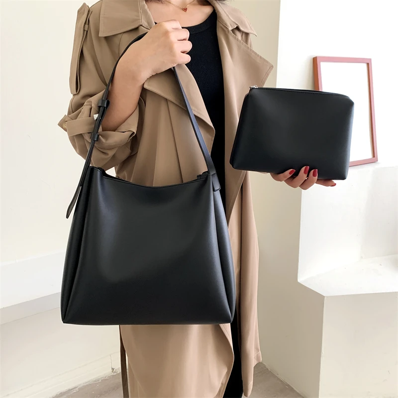 Fashion Women Tote Bags 2 Pcs/Set Large Capacity Shopper Shoulder Bag Temperament Elegant Wide Strap Soft PU Leather Handbags