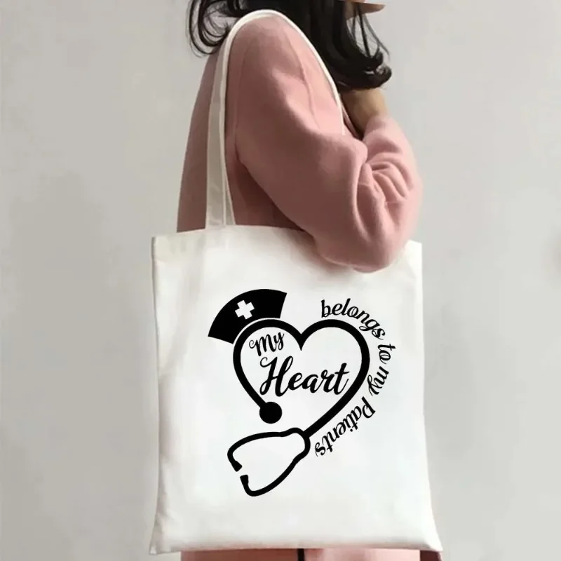 Medical Art Nurse Tote Bag Stethoscope Print Canvas Shoulder Bag Eco-Friendly Shopping Tote for Healthcare Professionals Fashion