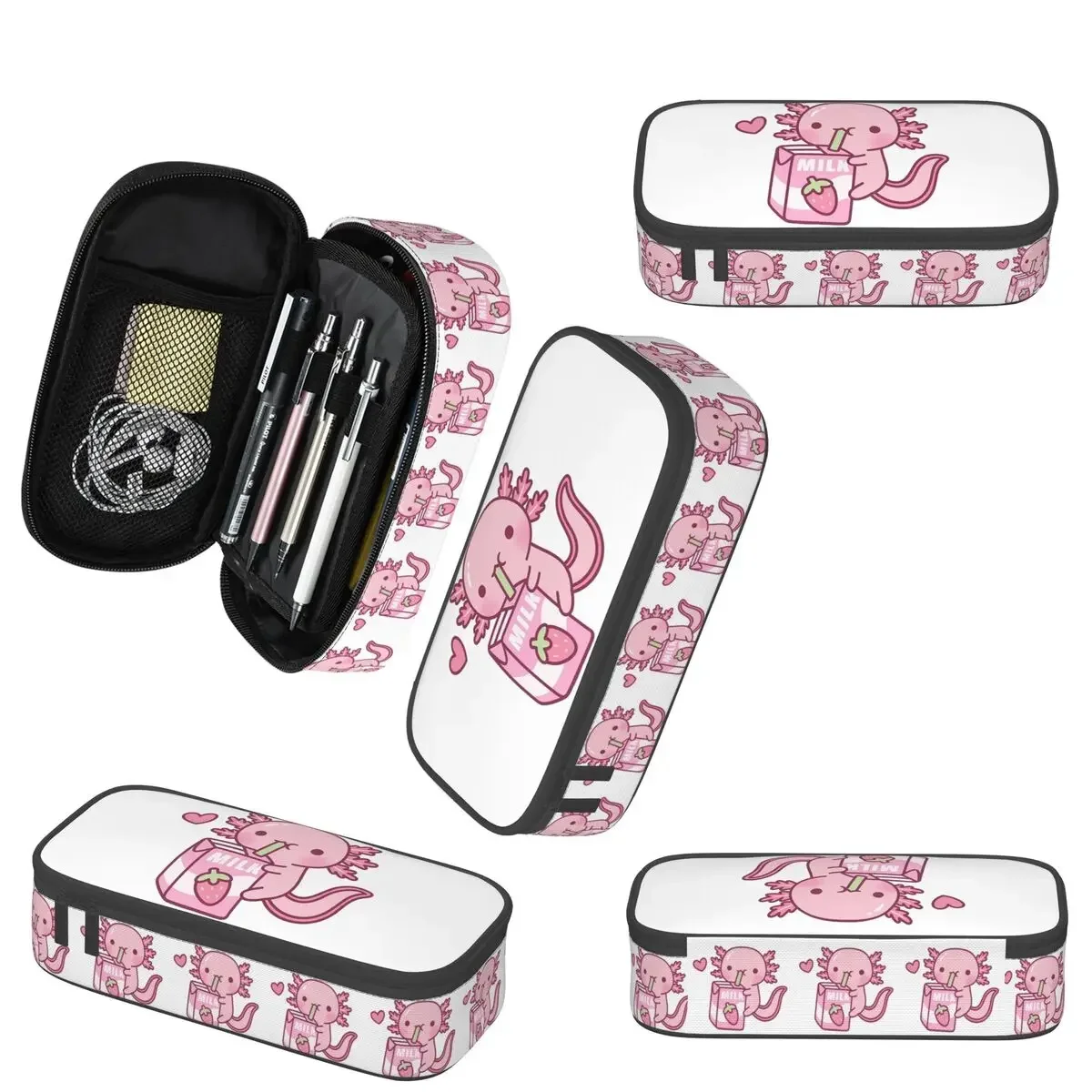 Cute Axolotl Loves Strawberry Milk Doodle Pencil Case for Boys Girl School Pen Box Pencil Bag Stationery Supplies Pen Holder Bag