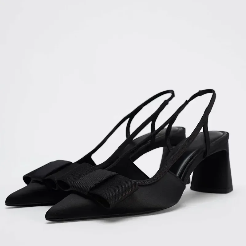 Pointed Toe Women\'s Office Shoes 2025 Spring Black Retro Bow Decoration High Heels Shallow Slingbacks Elegant Ladies Pumps