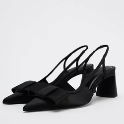 Pointed Toe Women's Office Shoes 2025 Spring Black Retro Bow Decoration High Heels Shallow Slingbacks Elegant Ladies Pumps