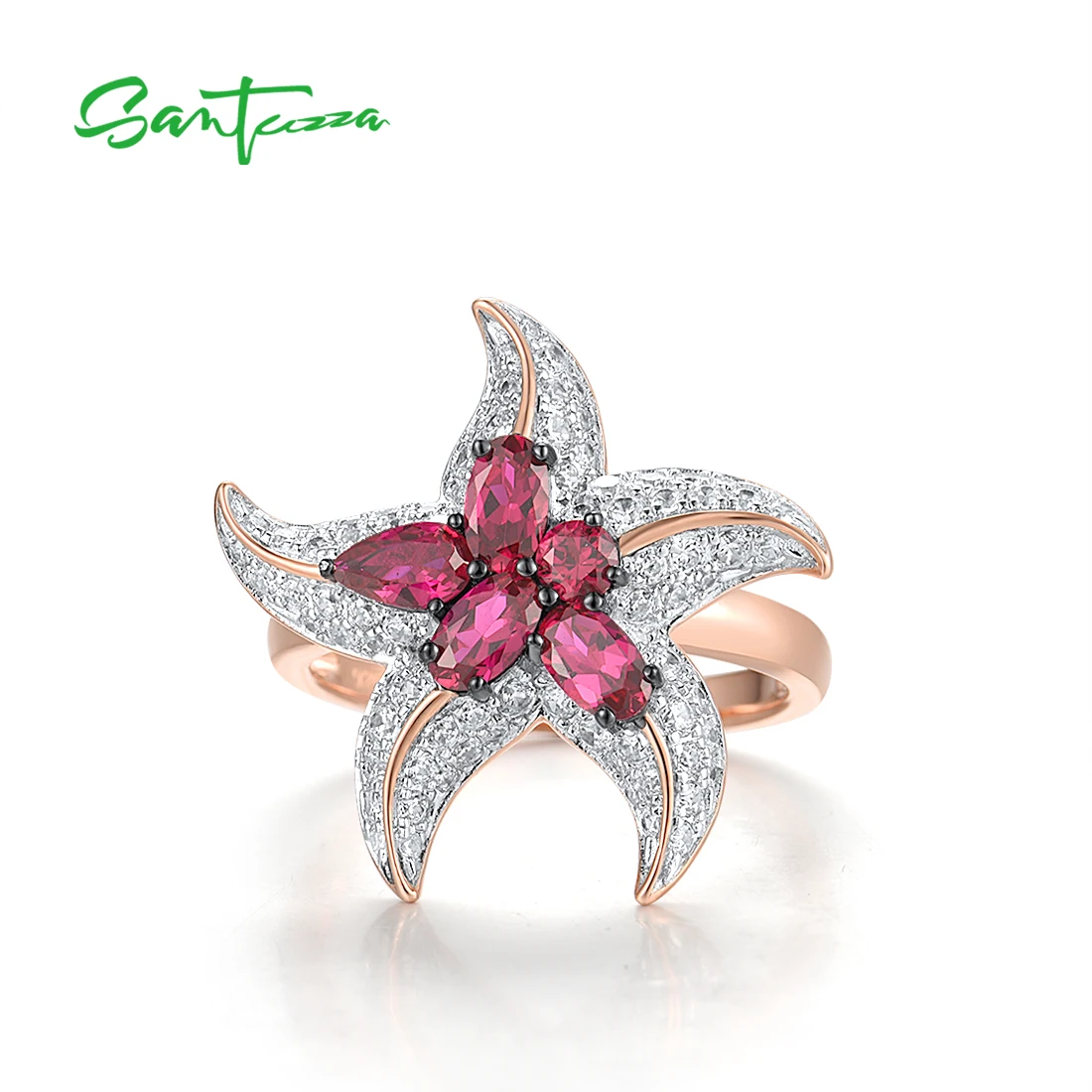 SANTUZZA Pure 925 Sterling Silver Rings For Women Sparkling White CZ Created Ruby Star Fish Luxury Ocean Cute Party Fine Jewelry