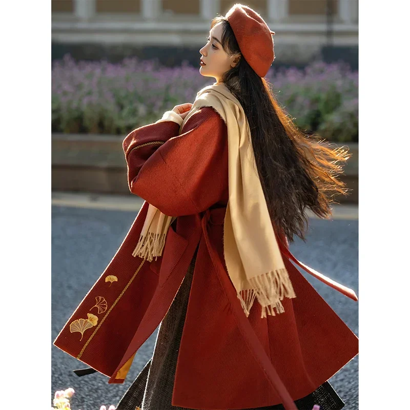 Maple Leaf Theme Chinese Style Hanfu Set Embroidery Song Dynasty Women Winter Red Woolen Coat Beige Shirt Black Spiral Skirt New