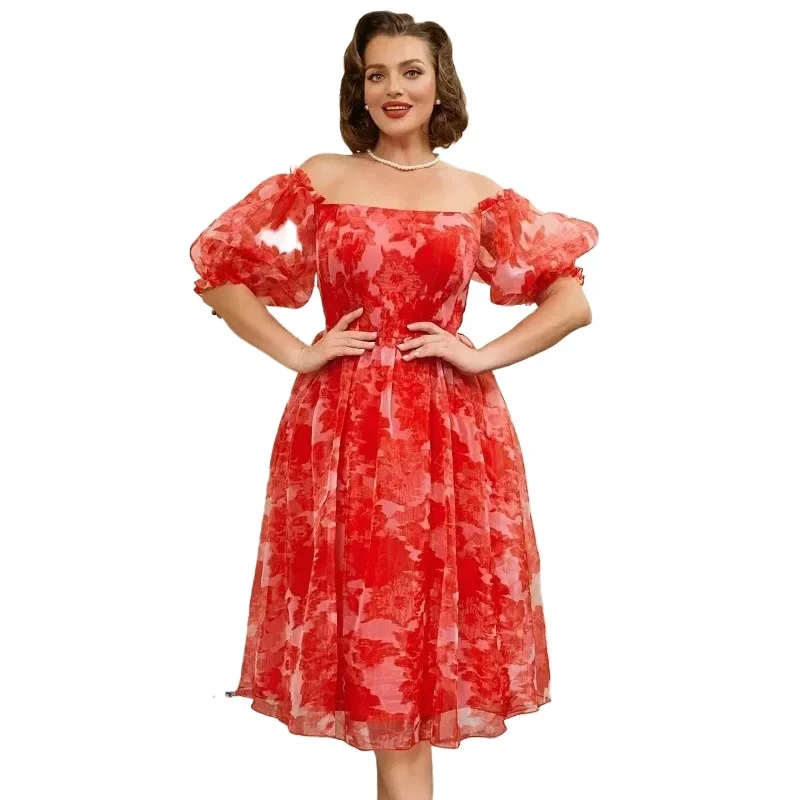 

Red Floral Off Shoulder Puff Sleeve A Line Dress Spring Wedding Guest Dress Elegant Curve Flowy Maxi Dresses Women