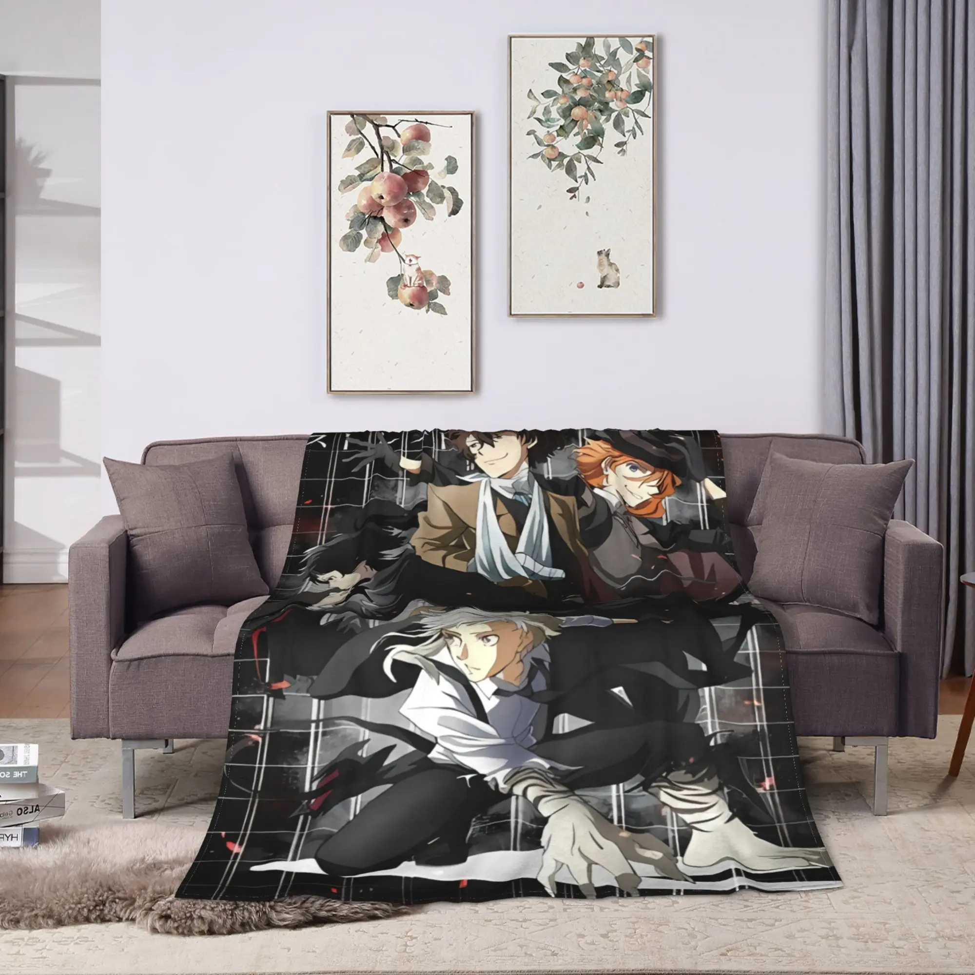 Bungo Stray Dogs Flannel Blanket  Super Warm Throw Blanket for Home Decor Airplane Travel Pattern Bedspread Sofa Bed Cover