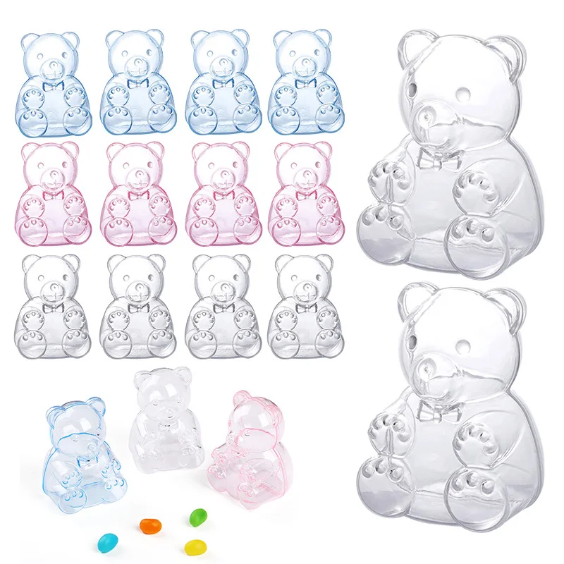 10/12Pcs Cute Clear Bear Shaped Plastic Candy Boxes Baby Shower Mini Teddy Bear Treat Box Gender Reveal Birthday Party Candy Jar