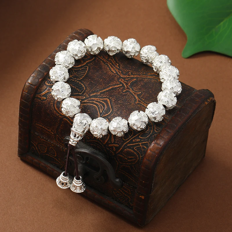 

UMQ Original Tibetan Six-Character Mantra Sanskrit Silver Bracelet Men's and Women's Rosary Vintage Lotus Bracelet Crafts