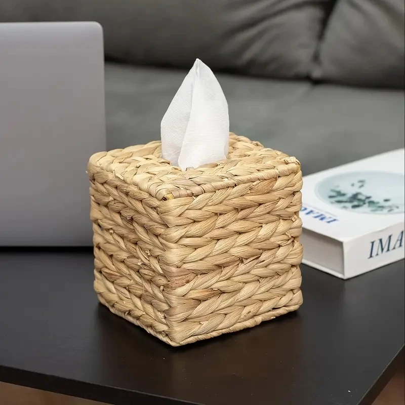 Boho Home Decoration, Rattan Tissue Box Cover Decorative Woven Square Tissue Box Wicker Tissues Storage Box Handkerchief Box