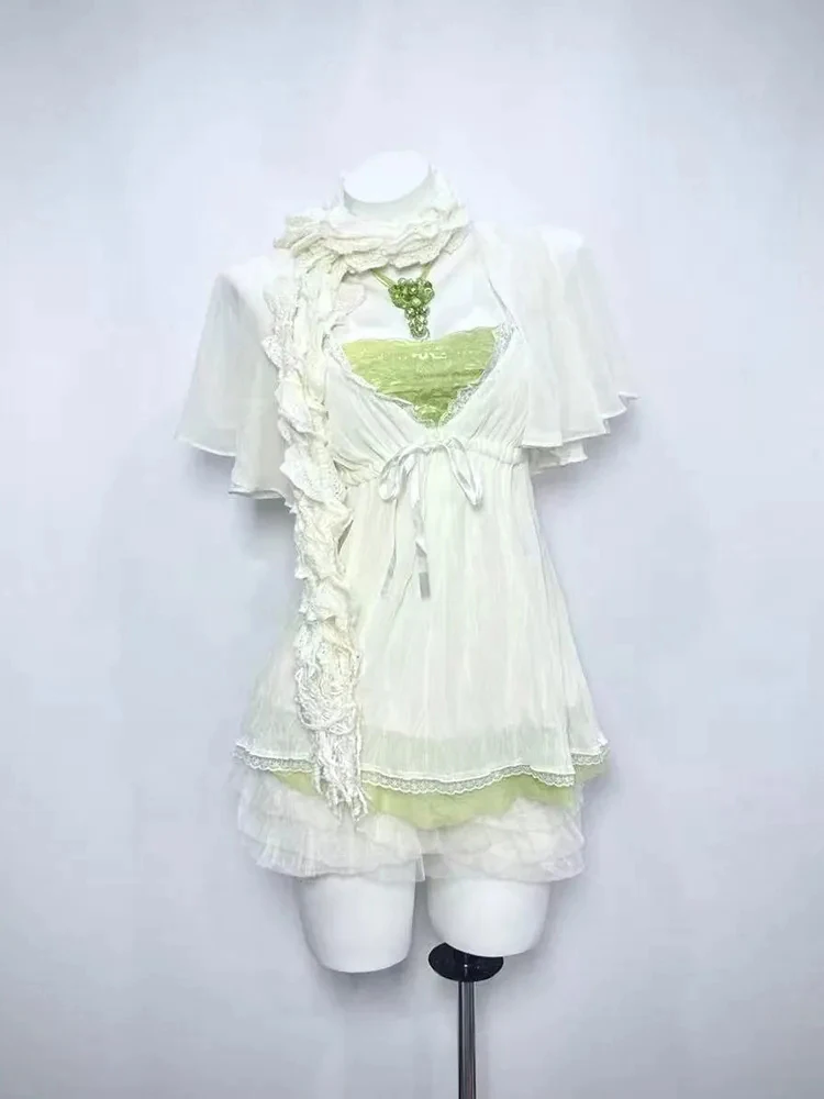 Minty Sweet Summer Vintage Slimming Top And Skirt Set Breeze through Your Day in Style Comfortable Fit Floral Trim Blouse