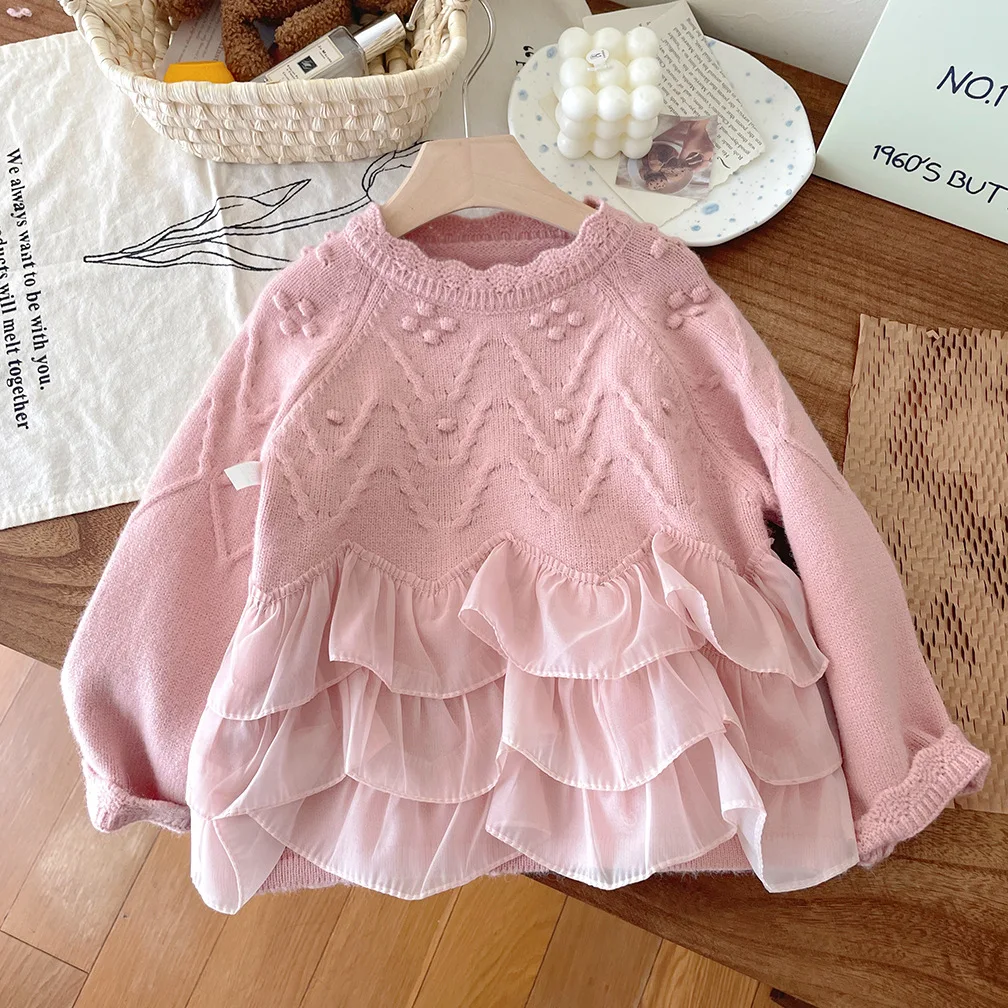 Girls Sweater Autumn Winter Children Knitted Lace Sweatshirts For Baby 1 To 7 Years Woolen Tops Clothes Kids Pullover Sweater