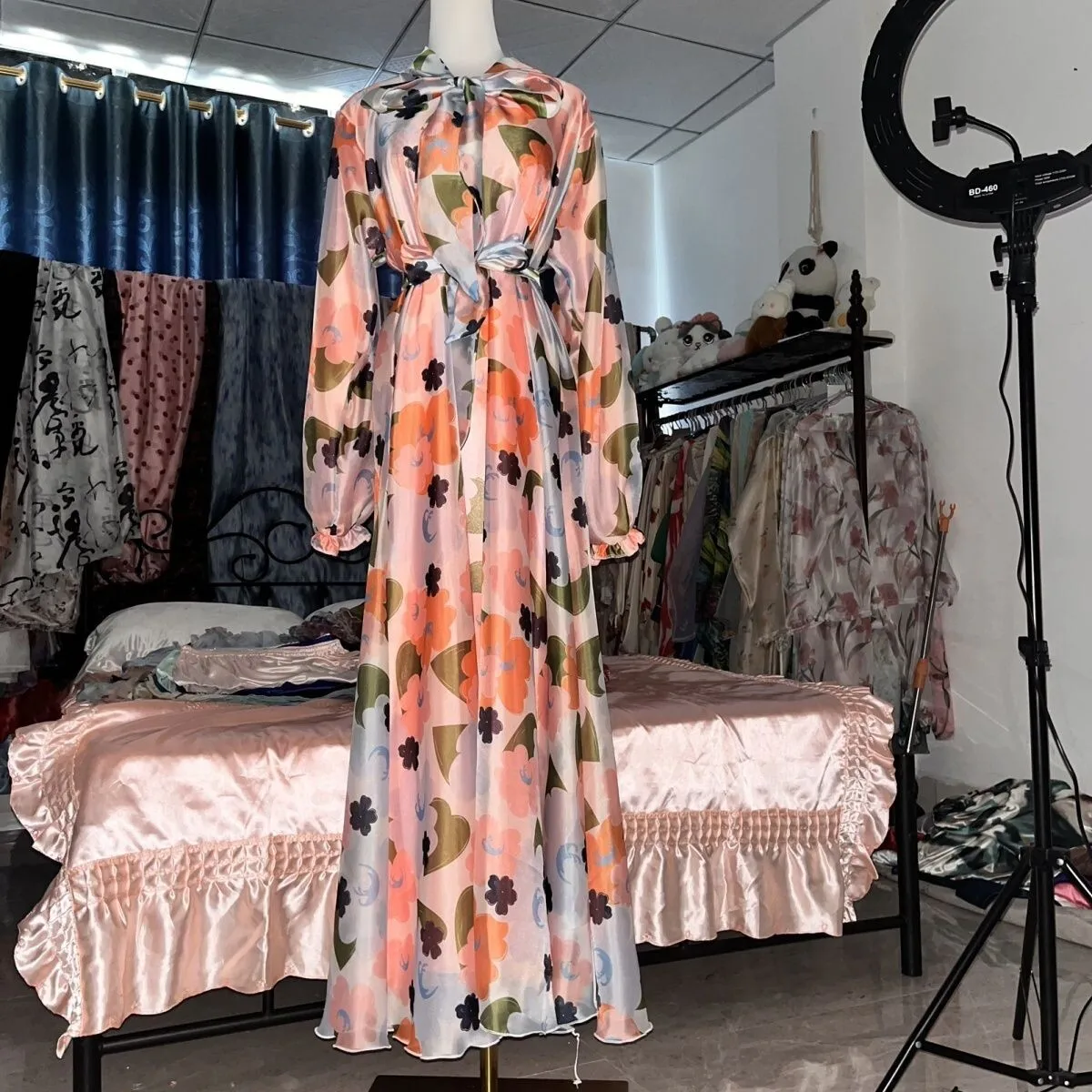 글로시 여성 메쉬 새틴 2겹 롱 드레스 루즈 파자마 맥시 드레스 풀오버 우아한 드레스 잠옷