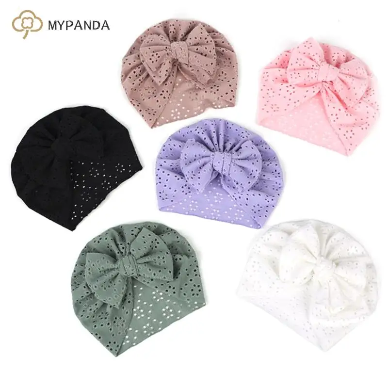 Soft Elastic Baby Bonnet Hat for Newborn Girls Boys Summer Bow Baby Turban Hat Solid Color Breathable Infant Kids Beanie