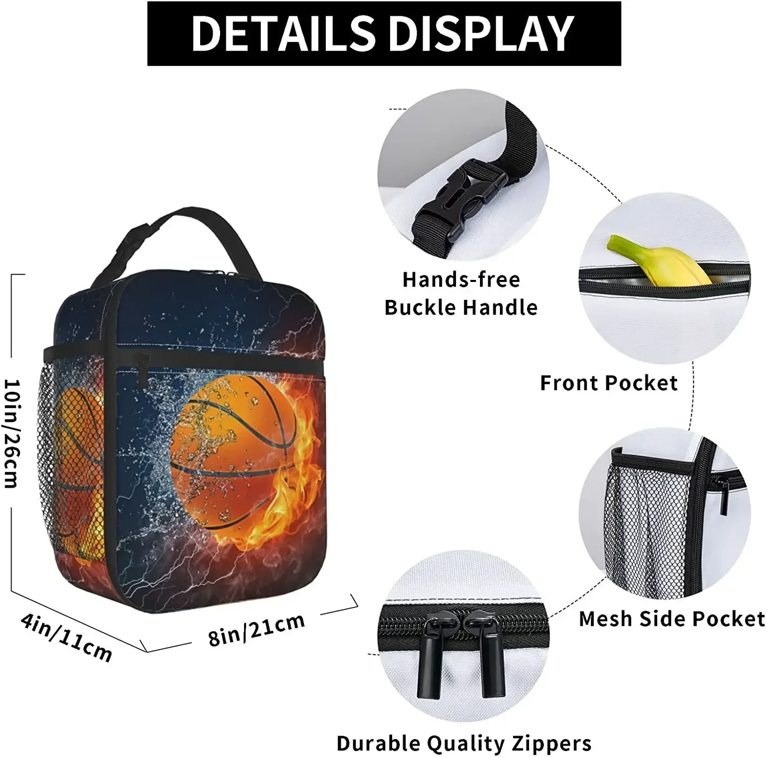 Basketball Fire Totes Lunch Bag Portable Insulated Lunch Box Back to School Picnic Office Travel