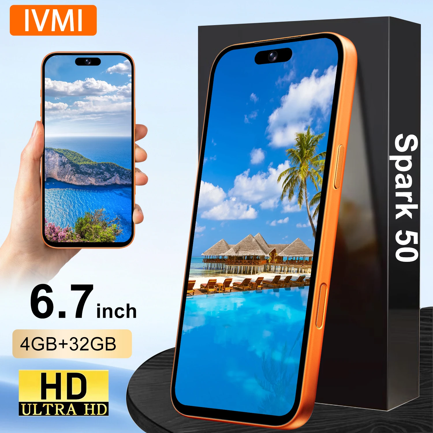 Смартфон IVMI Spark50, 8+16 Мп камера, Android 12, 6.7-дюймовый экран, 4 ГБ оперативной памяти, 32 ГБ встроенной памяти, Face ID, 4G, Google Play.