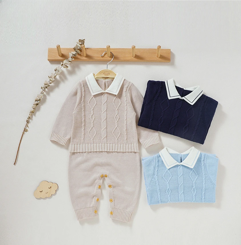 Newborn Infant Kids Boy Cotton Jumpsuits 0-18m Toddler Autumn Winter Outfits One Piece Wear Baby Rompers Long Sleeve Turtle Neck