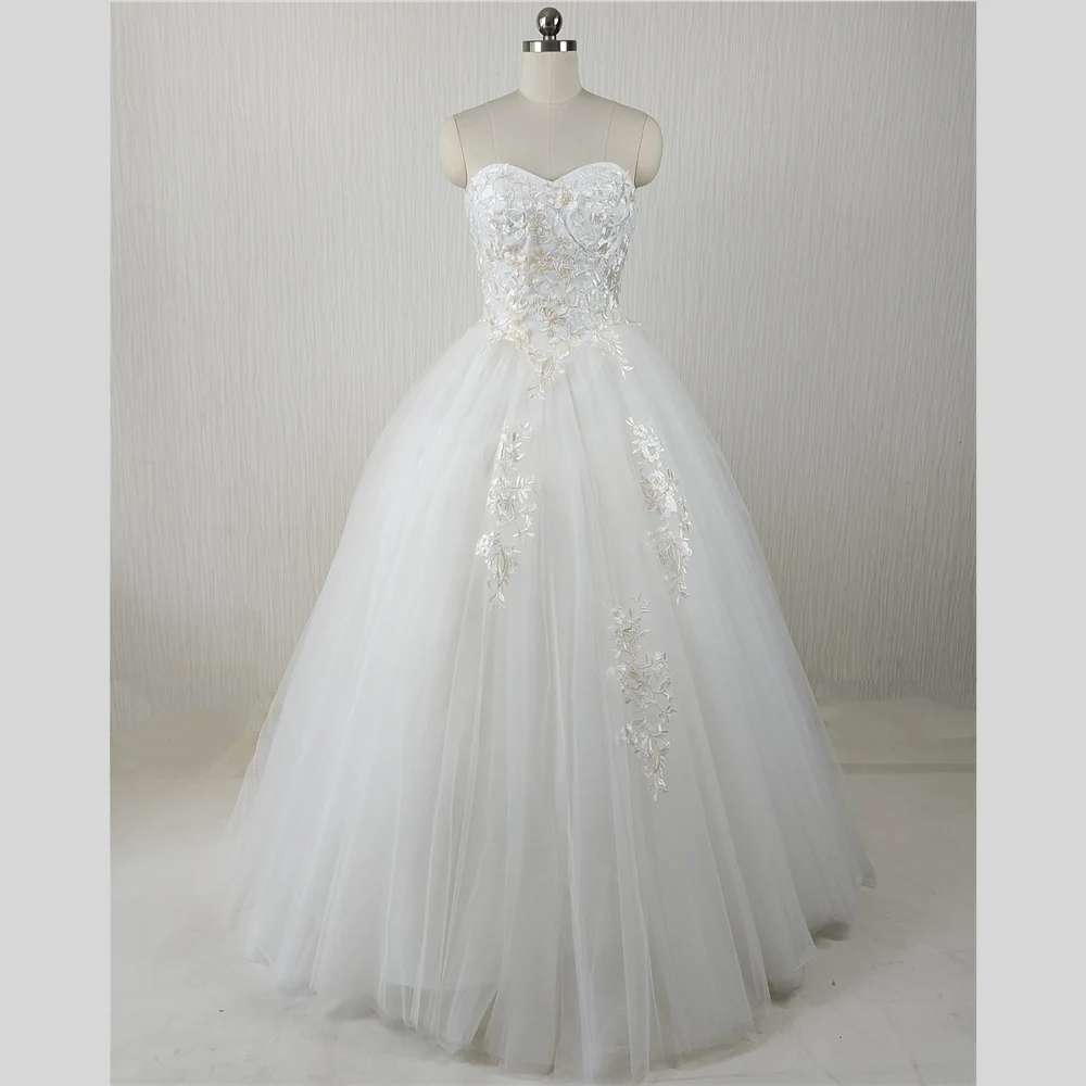 Clearance Wedding Dress White Strapless Flower Lace up Floor Length Princess Women Bride Ball Gown 1737