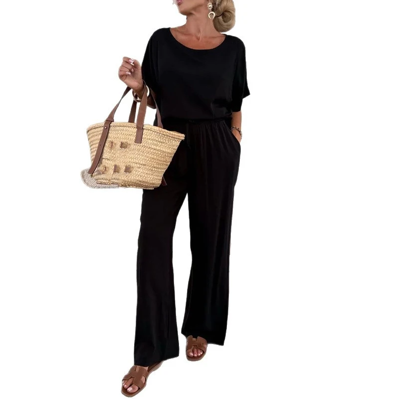 

Casual O-neck Short Sleeve Top & Long Pant Suit Women Fashion Lace-Up Solid Color 2 Piece Set Elegant Hight Street Loose Outfits