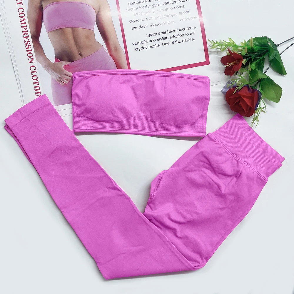 2 pcs Yoga outfits Strapless Bandeau Sports Bra Workout matching impact leggings Seamless Tube Top Gym workout outfits