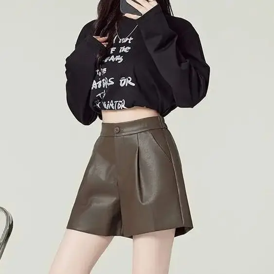Autumn Winter New Maillard Color Leather Shorts Women'S High Waist Korean Style A-Line Loose Wide Leg Pants Boot Pants
