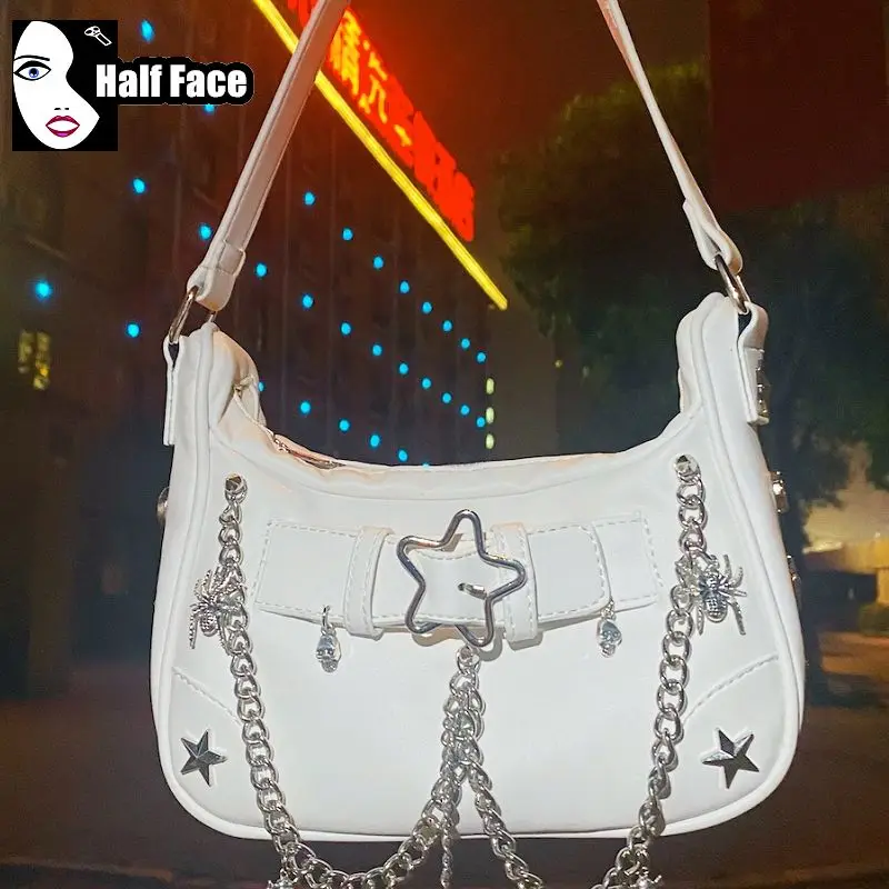 

Y2K Spicy Girls Harajuku Gothic Underarm Handbag Rivet Chain Skeleton Spider Pentagram Lolita One Shoulder Punk Womens Bags Tote