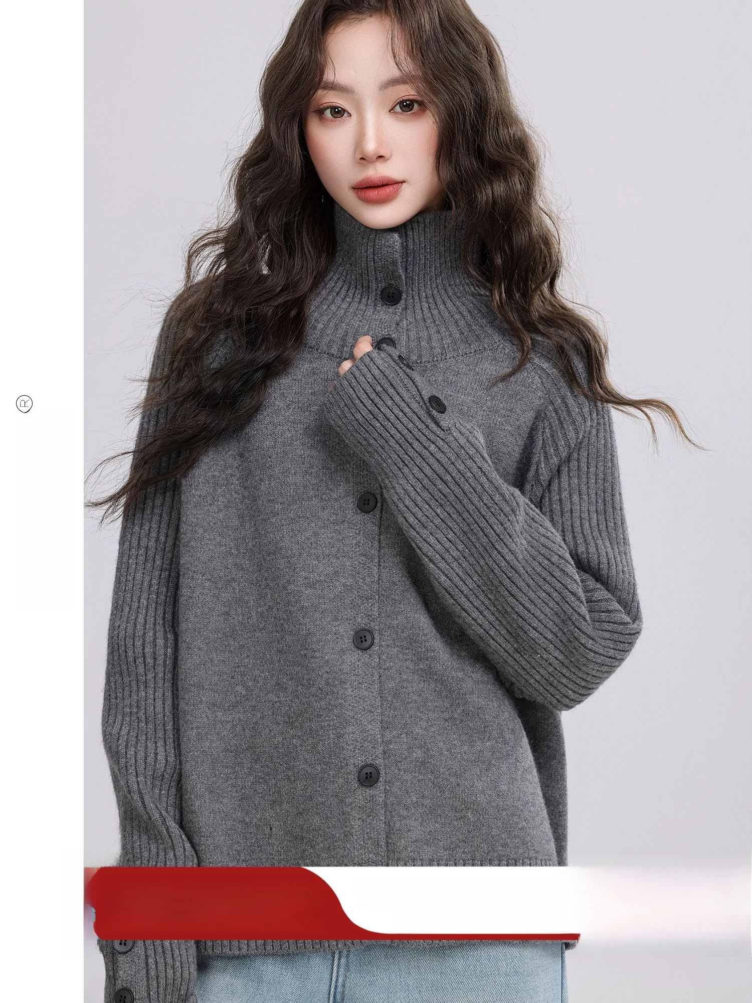 

Loose Fit High Collar Pure Color Sweater Cardigan Women's Lazy Style Retro Winter New Arrival from Youxiang Polyester Blend