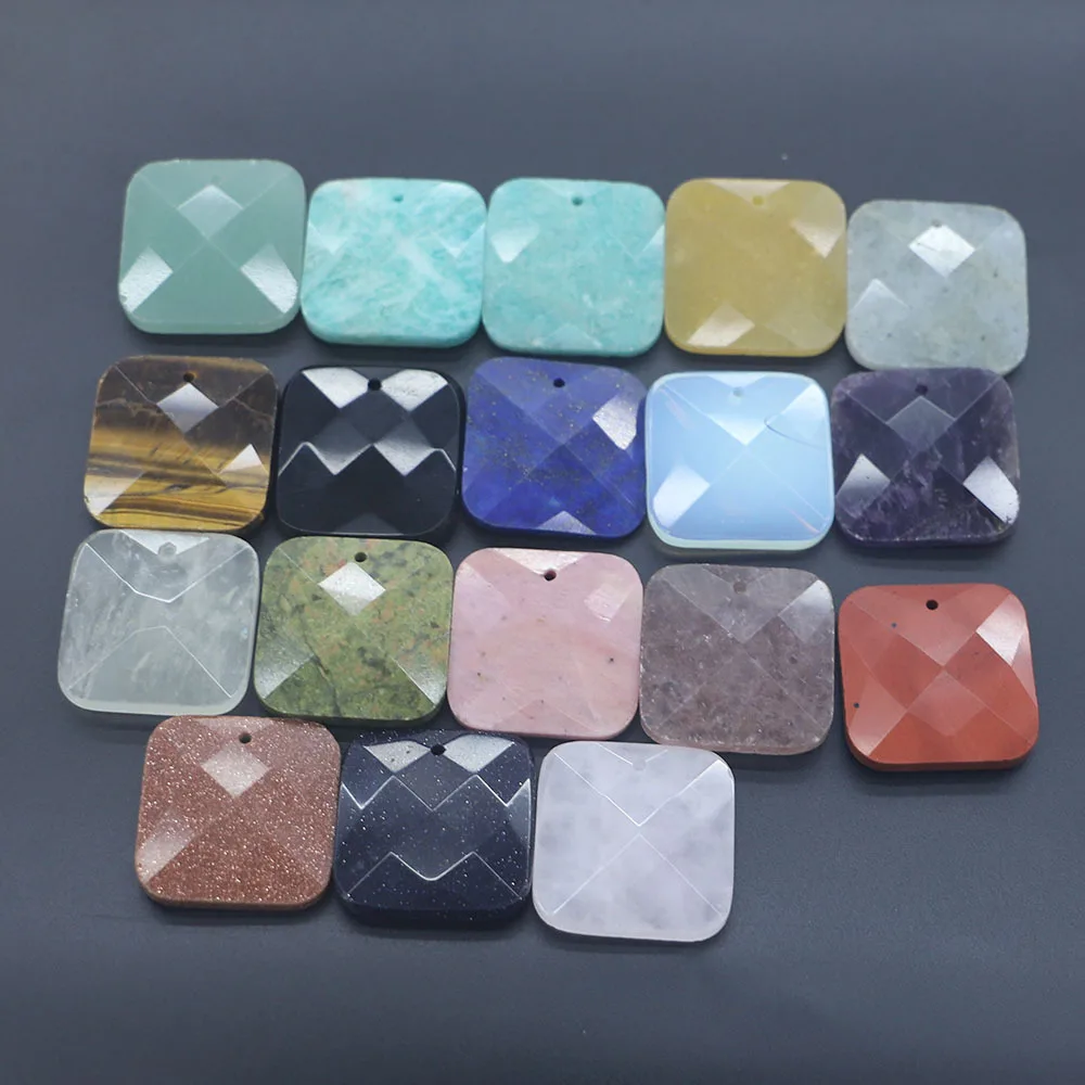 6pcs 25mm Square Stone Slice  Hole Bead Charms Amethysts Tiger Eye Amazonite Quartz Pendant for Jewelry Making Accessories