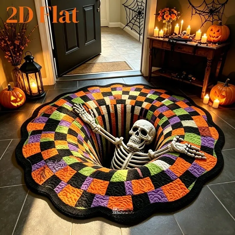 VIKAMA Four White Ghosts Checker 3D Vortex Round Flannel Area Rug, Non Slip Soft Plush Mat Bedroom Entryway Halloween Decor