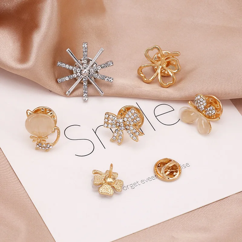 Bow Knot Butterfly Button Set Crystal Rhinestone Brooch Pin Prevent Exposure Brooches Buckle for Women Coat Clothes Accessories