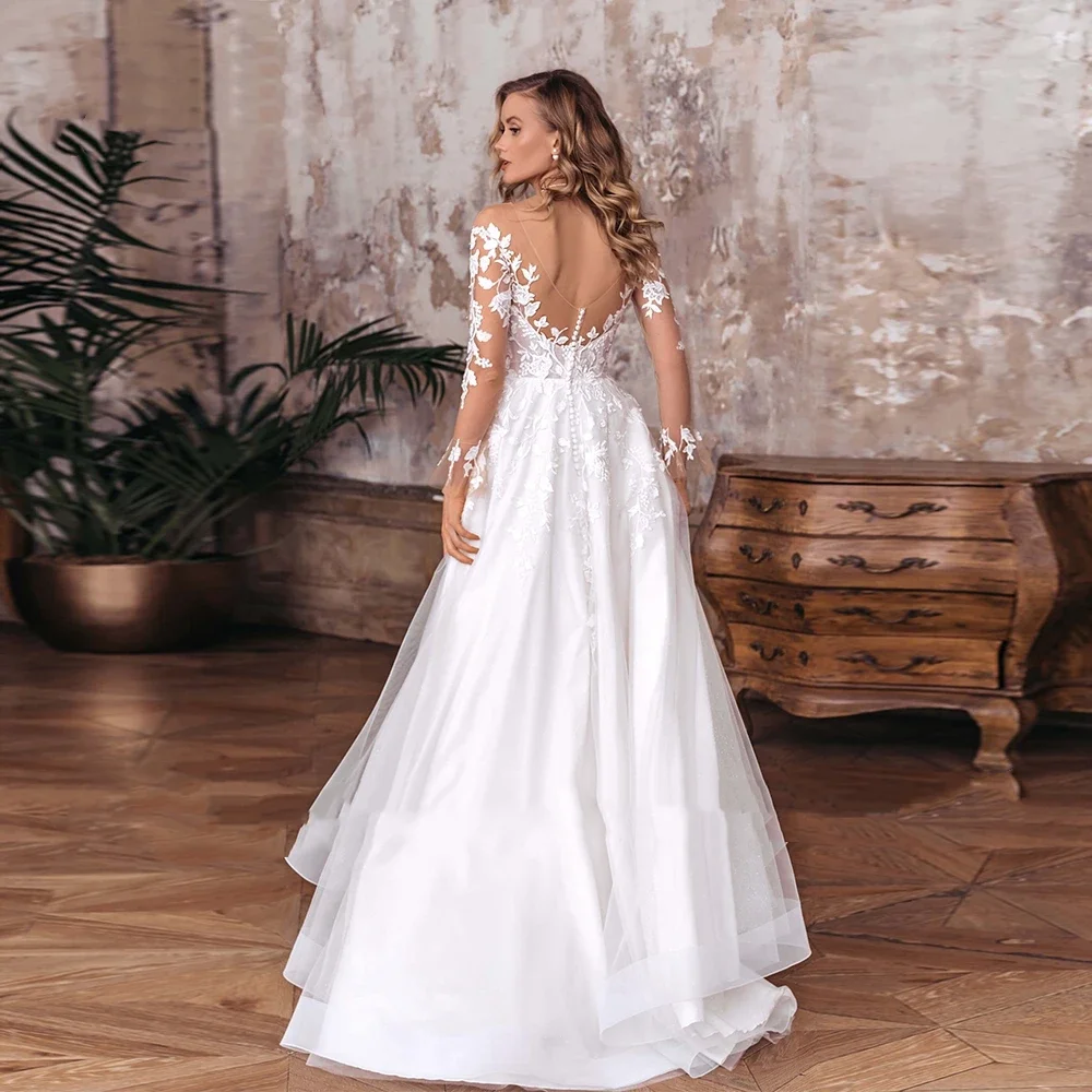 Abiti da sposa Sexy con spacco laterale svasato per le donne abiti da sposa a maniche lunghe in Tulle morbido con abiti estivi in pizzo De Novia 2025