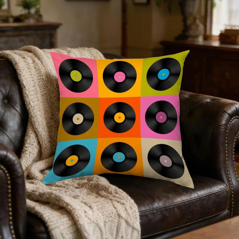 1pc Retro Vinyl Record Pattern Cushion Cover Multicolor Geometric Square Soft Breathable Washable Sofa Bedroom Home Decor