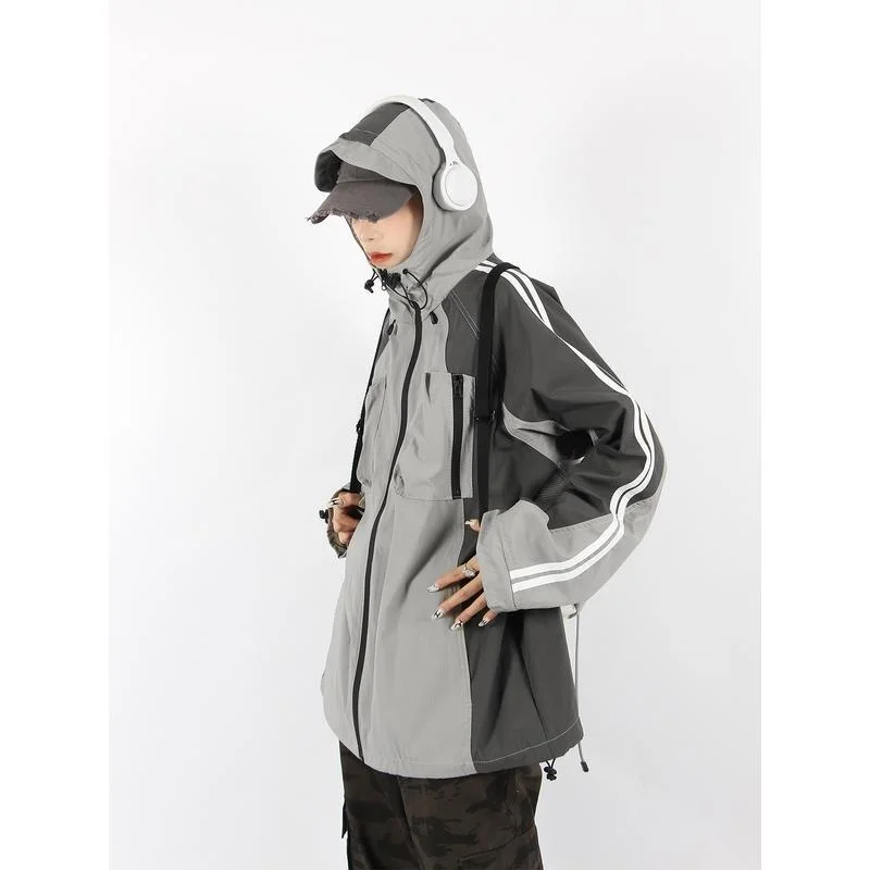 Harajuku y2k Jacket Oversized Vintage Hip Hop Color Block Men Women Hooded Windbreaker Loose Track Hoodie Jacket Coat Streetwear