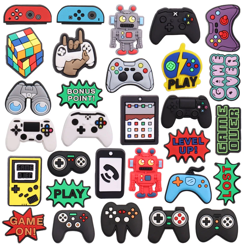 50Pcs Wholesale PVC Mix Gamepad Mobile Phone Game Over Kids Charms Buckle Clog Man Shoe Decorations DIY Backpack