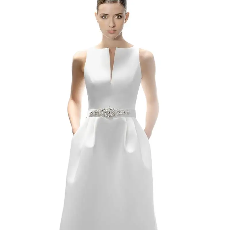 Einfache satin tiefe v ärmellose nachlaufende Fischschwanz kleider sexy Cinch Braut Hochzeit Vestidos 2024 neu