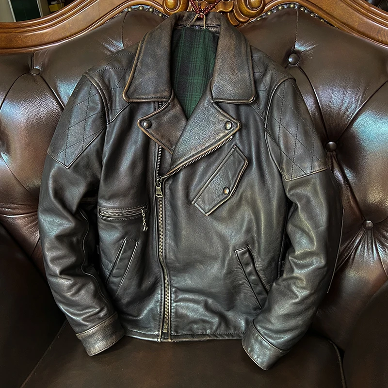 

Short Cycling Suit Men's Genuine Leather Jacket Vintage Hand Brushed Full Grain Calf Leather Slim Fitting Motorcycle Clothing