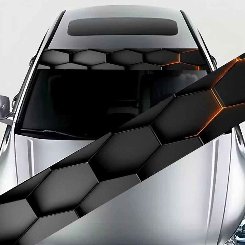 

1 Piece Eye-catching Black Orange Honeycomb Tech Style Trim Graphic Car Front Windshield Sticker, Waterproof & Highly Durable
