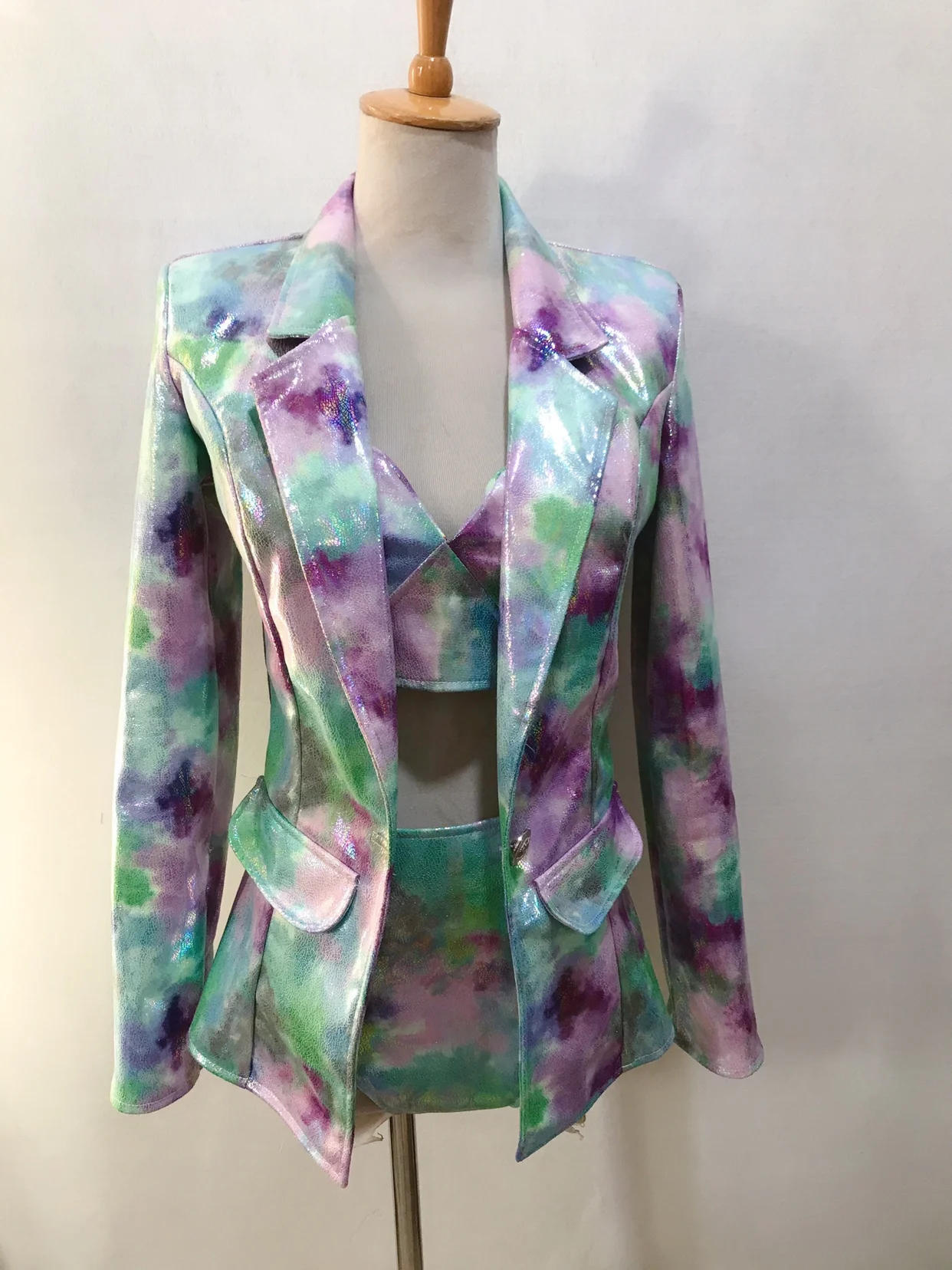 바 나이트 클럽 여성 가수 무대 공연 쇼 가짜 가죽 블레이저 비키니 재즈 댄스 팀 복장 리드 댄서 의상