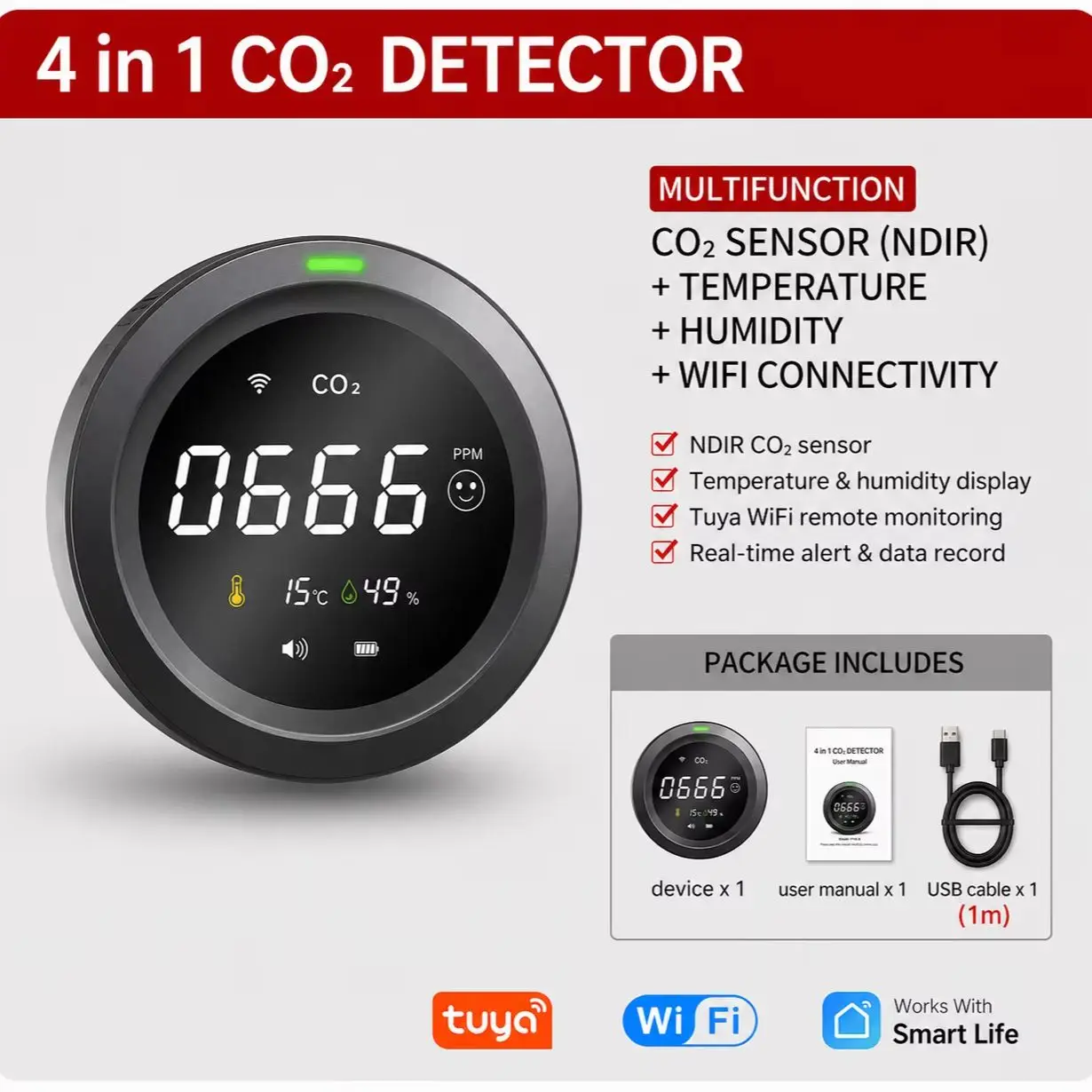 

FABISENSE Tuya WiFi Smart Carbon Dioxide Detector Multifunction Portable Temperature Humidity App Alarm Air Quality CO2 Monitor