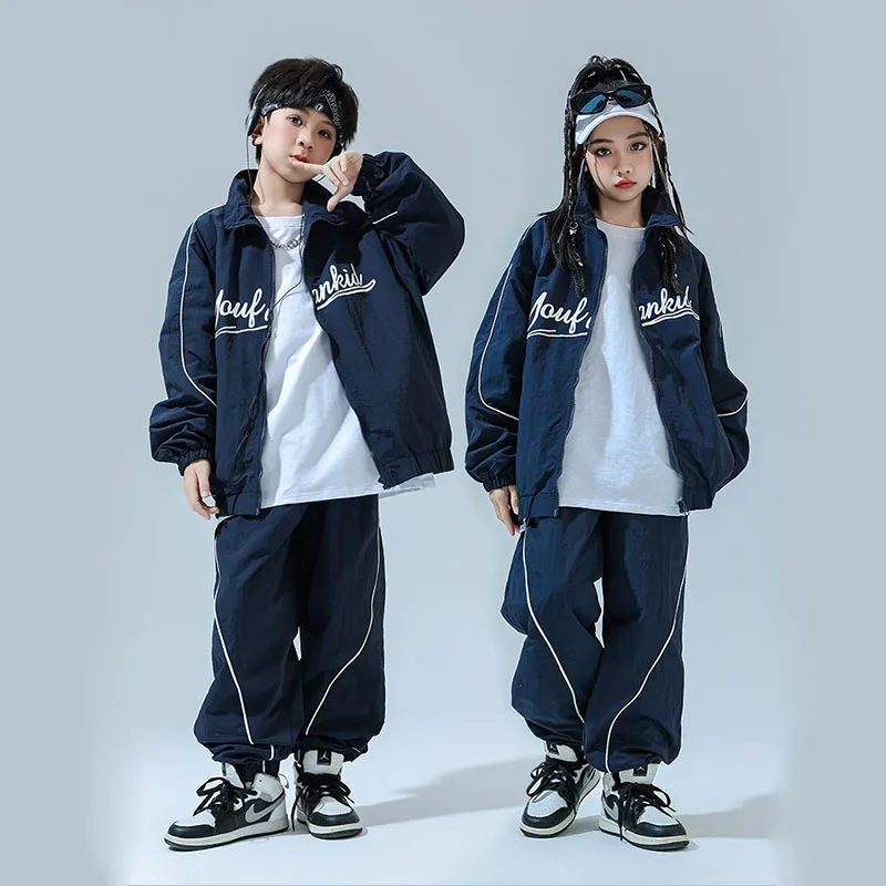 

Kid Hip Hop Clothing Navy Blue Zip up Windbreaker Jacket Casual Wide Jogger Pants for Girl Boy Jazz Dance Costumes Clothes Set