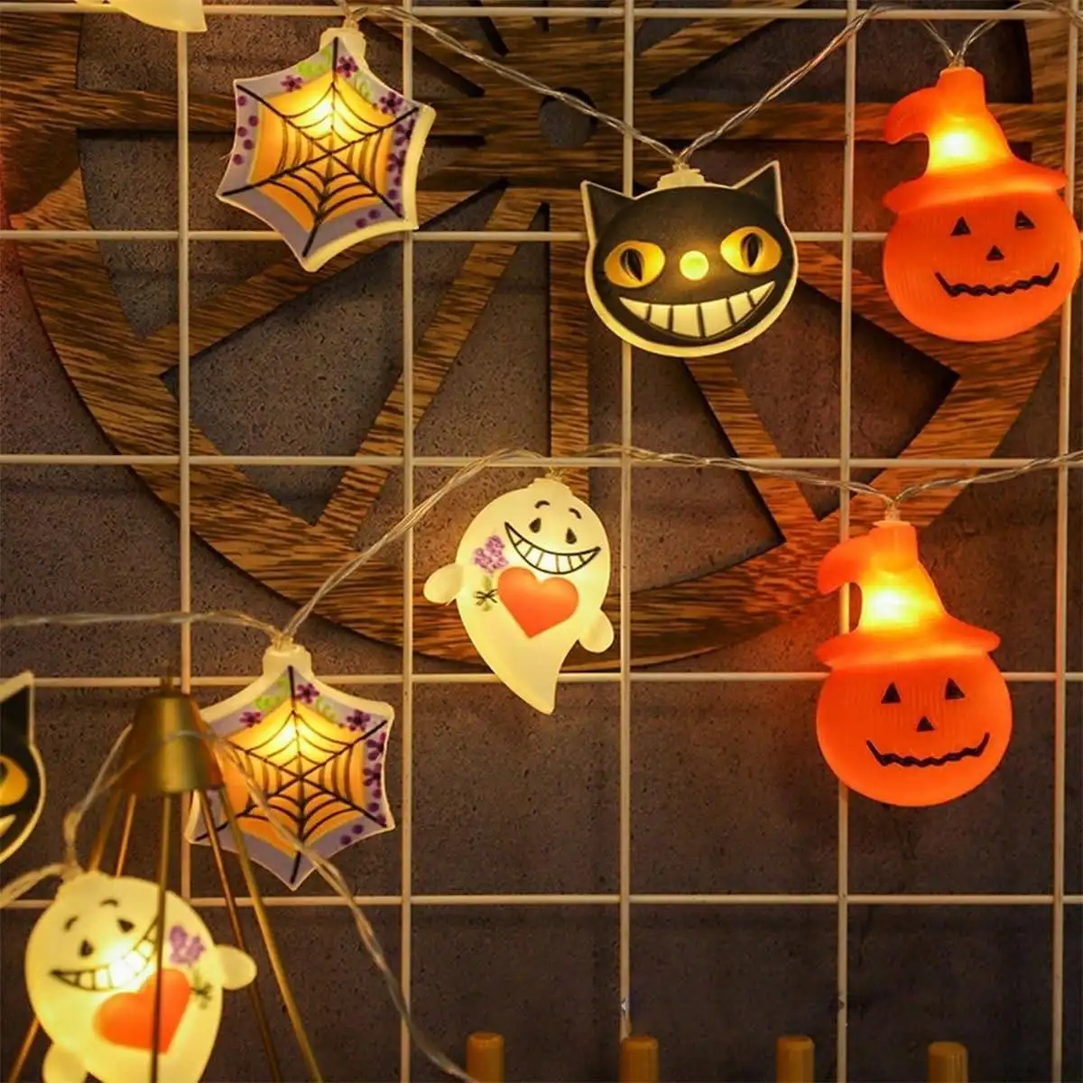 1PC 10/20LED Halloween 3D Pumpkin Specter Ghost Spider Web String Lights Theme Party Atmosphere Light Battery Operated For Home