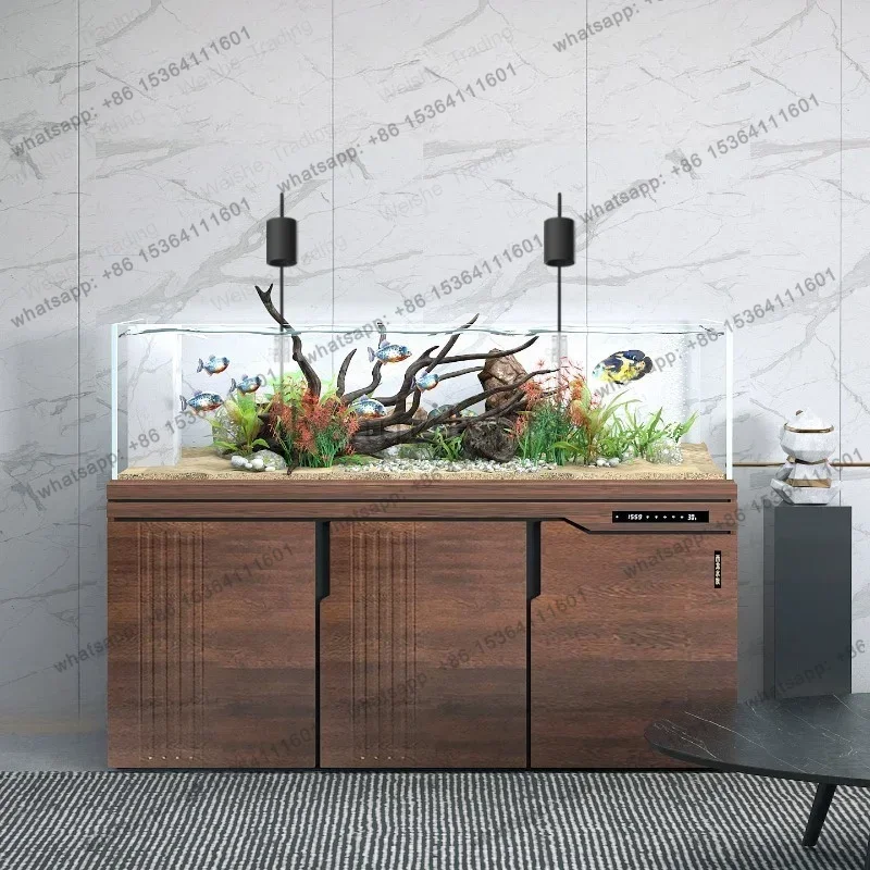 FG New Native Stream Aquarium: Large Ultra Clear Glass Fish Tank with Bottom Filter & Cabinet Eco Home Aquatic for Living Room J
