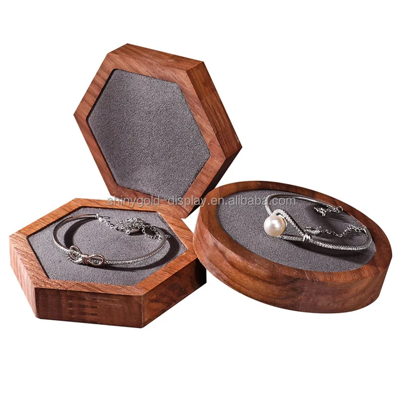 custom.Luxury Round Square Natural Wooden Small Jewelry Display Box Vintage Jewelry Wood Display Tray